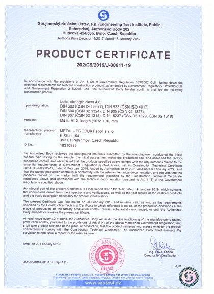 The bolts certificates for engineering and building industry