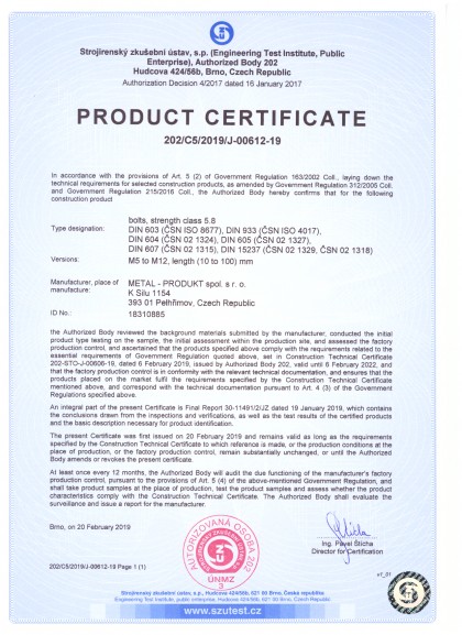 The bolts certificates for engineering and building industry