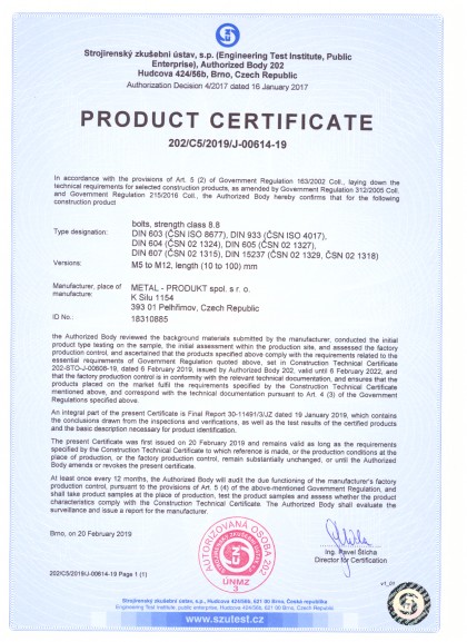 The bolts certificates for engineering and building industry