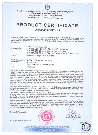 The bolts certificates for engineering and building industry